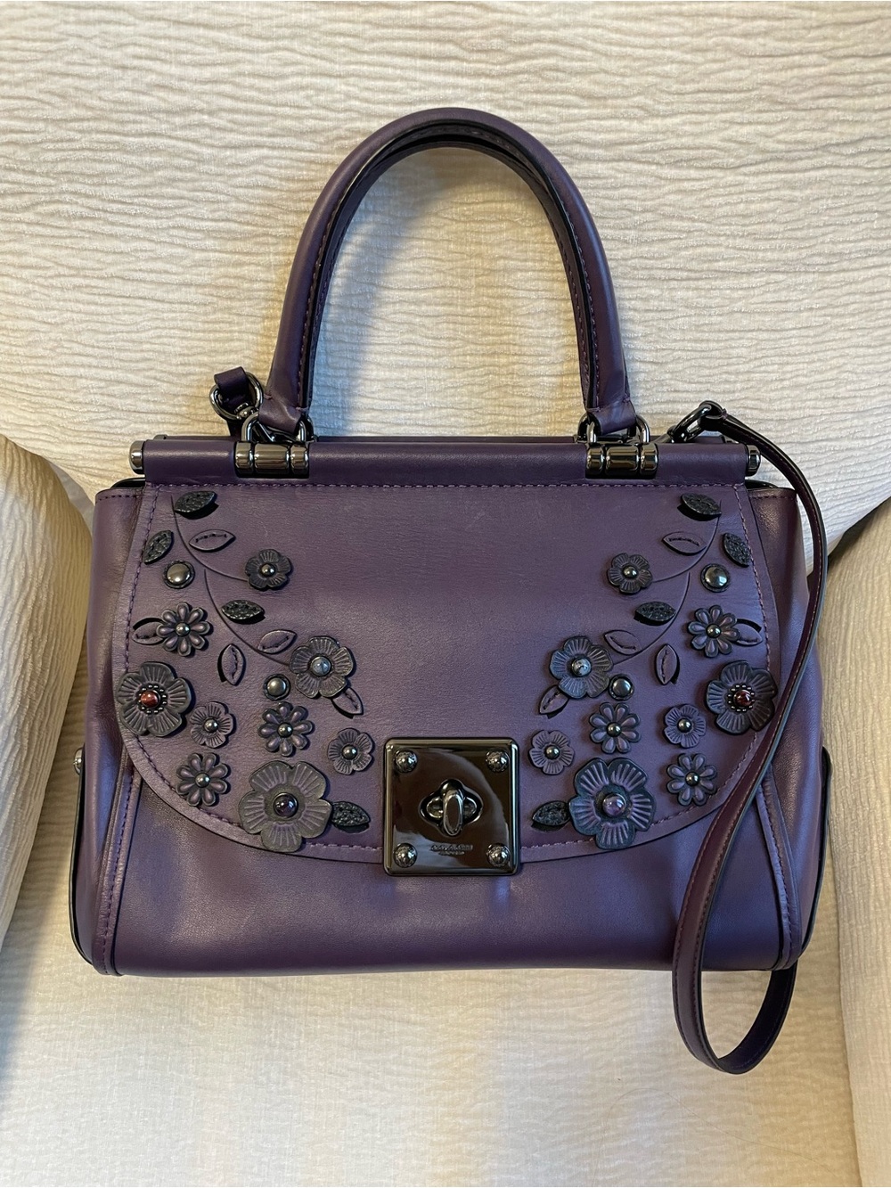 Coach Purple Willow Drifter Floral Appliqué Top-Handle Satchel with Strap